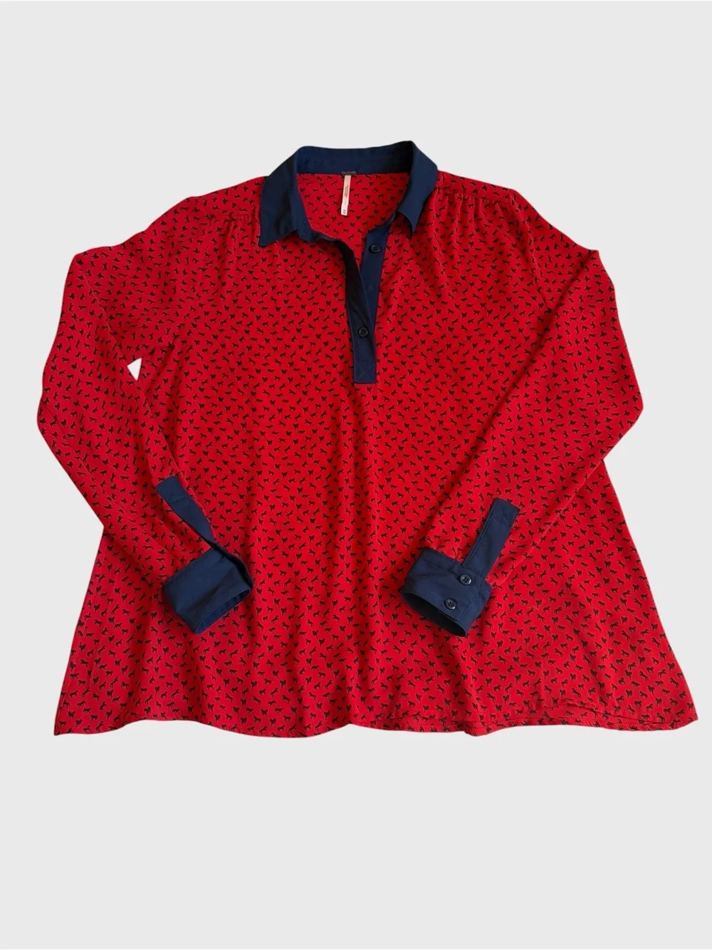 Free People Boyfriend Horse Print Blouse Size XS Red Blue Sheer Oversized Boho